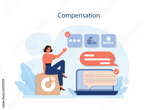 Benefits for worker, buyer. Big letters with employees, money, winner cup Employee, teamwork benefits package vector for web, UI, banner, social net story.