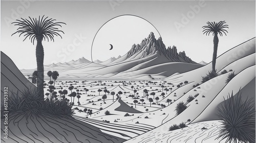Magic Landscape Volcano Mountains Line Art Generative AI