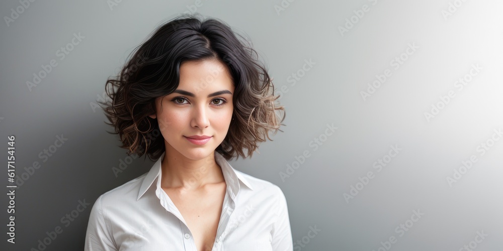 Close-up portrait of her she nice attractive lovely charming curious creative pensive cheerful cheery dark wavy-haired girl looking aside isolated on light white pastel color background. Generative AI Close-up portrait of her she nice attractive lovely charming curious creative pensive cheerful cheery dark wavy-haired girl looking aside isolated on light white pastel color background. Generative AI