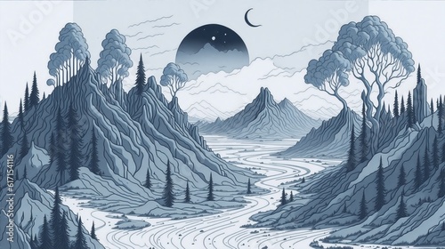 Magic Landscape Volcano Mountains Line Art Generative AI