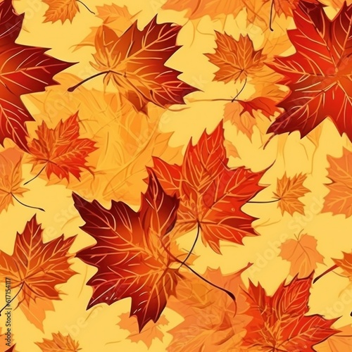 Red maple leaves on the yellow background. Seamless pattern