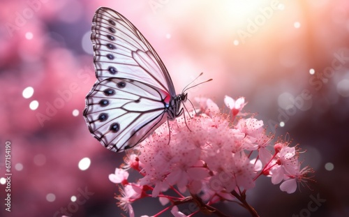 Pink flowers with butterfly. Illustration AI Generative.