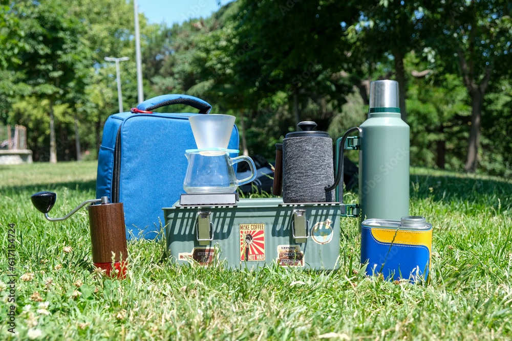 Coffee maker set grinder glass chemex pot coffeemaker on grass. Coffee maker set grinder glass chemex pot coffeemaker on grass.