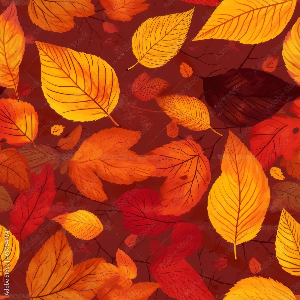 Yellow autumn leaves on the red background. Seamless pattern