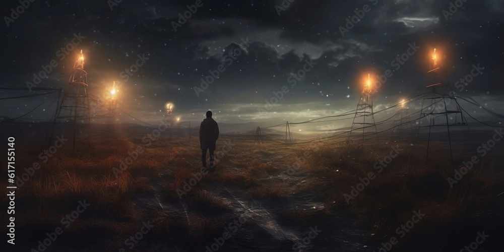 Man in a jacket stands in the middle of an extraordinary field with small towers for electricity on a starry night. Created with generative AI tools
