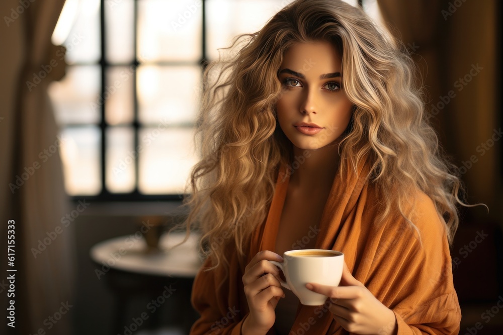 Girl with cup of coffee. Illustration AI Generative Girl with cup of coffee. Illustration AI Generative