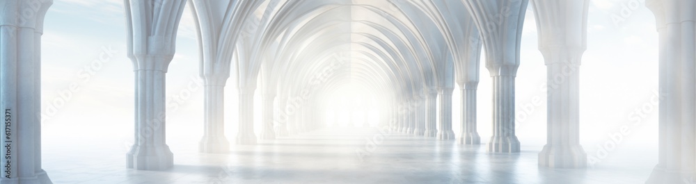 Hallway with light coming from behind a dark wall, in the style of motion blur panorama Illustration AI Generative.