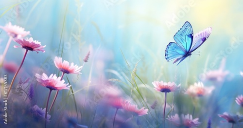 Butterfly on purple meadow. Illustration AI Generative.