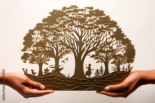 A paper-cut representation of a person holding a seedling, emphasizing the importance of reforestation and tree planting. Generative AI Art Illustration
