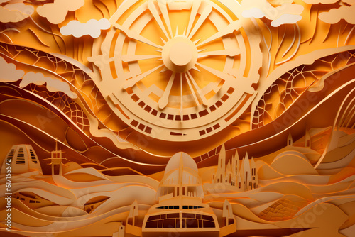 Harmony of Energy: A Paper-Cut Depiction of a Sun with Renewable Energy Rays. Generative AI Art Illustration