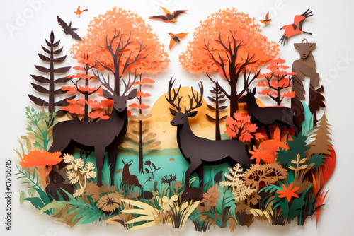 Biodiversity Oasis: A Paper-Cut Illustration of a Wildlife Sanctuary Fostering Ecological Diversity. Generative AI Art Illustration