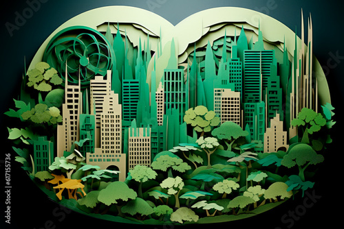 Enchanting Urban Oasis: A Paper-Cut Depiction of a Green Cityscape Embracing Nature. Generative AI Art Illustration