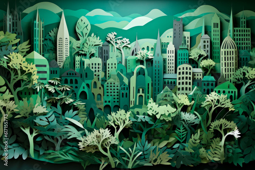 Urban Ecotopia: A Paper-Cut Illustration of a Green Cityscape Promoting Sustainable Living. Generative AI Art Illustration