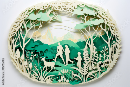 Nature's Bond: A Paper-Cut Image of a Family Embracing Sustainable Lifestyles. Generative AI Art Illustration