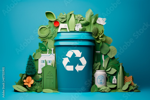 A paper-cut image of a recycling bin filled with various recyclable materials, encouraging proper waste management. Generative AI Art Illustration