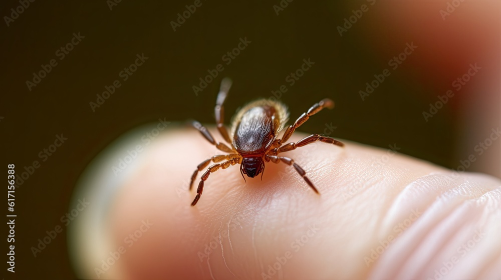 Close-up shot of a deer tick on a finger - the tiny parasite known for spreading dangerous Lyme disease to humans. Generative AI Close-up shot of a deer tick on a finger - the tiny parasite known for spreading dangerous Lyme disease to humans. Generative AI
