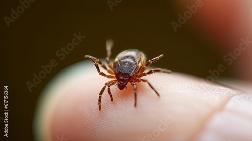 Close-up shot of a deer tick on a finger - the tiny parasite known for spreading dangerous Lyme disease to humans. Generative AI