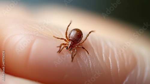 Close-up shot of a deer tick on a finger - the tiny parasite known for spreading dangerous Lyme disease to humans. Generative AI