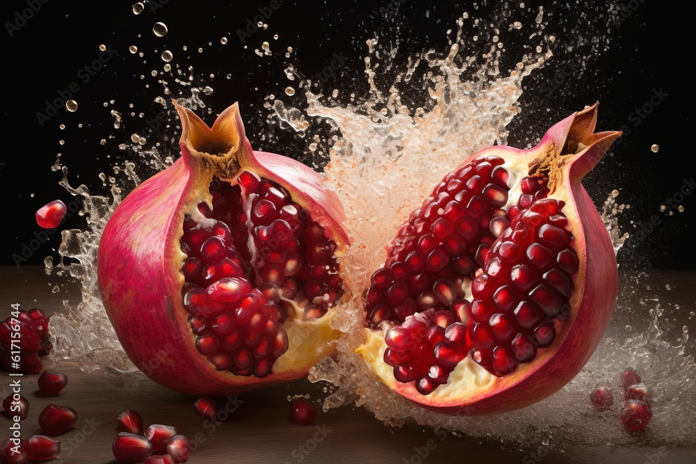 Minimalistic atmospheric photo of pomegranate on black background