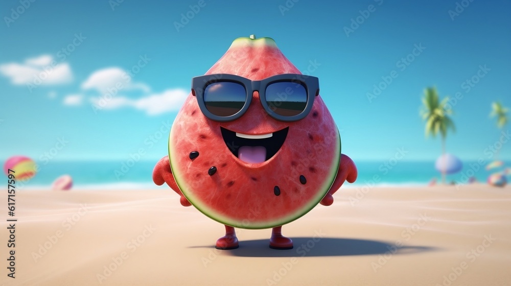 Illustration of a character smile watermelon fruit wearing sunglasses on the beach ,summer vibes ,Generative AI