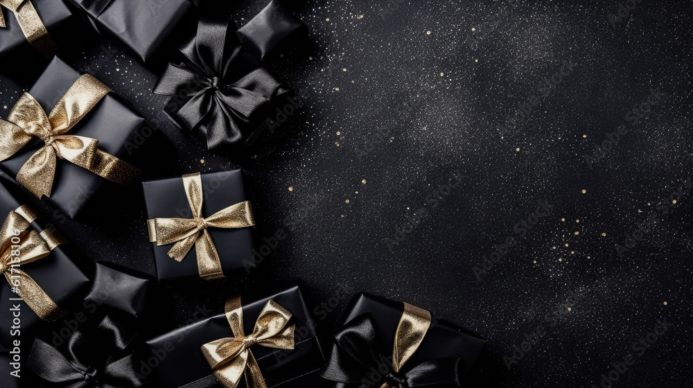 Gift boxes on dark background, and space for text. Black friday sale concept, generative ai Gift boxes on dark background, and space for text. Black friday sale concept, generative ai