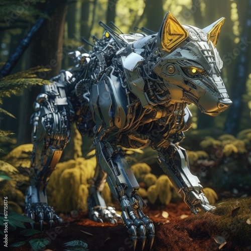 Futuristic Wolf robot in the forest
