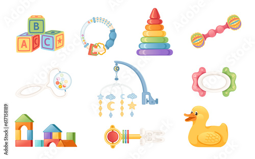 Collection of bright soft baby toys including rattle toy, pyramid, cubes and duck vector illustration isolated on white background