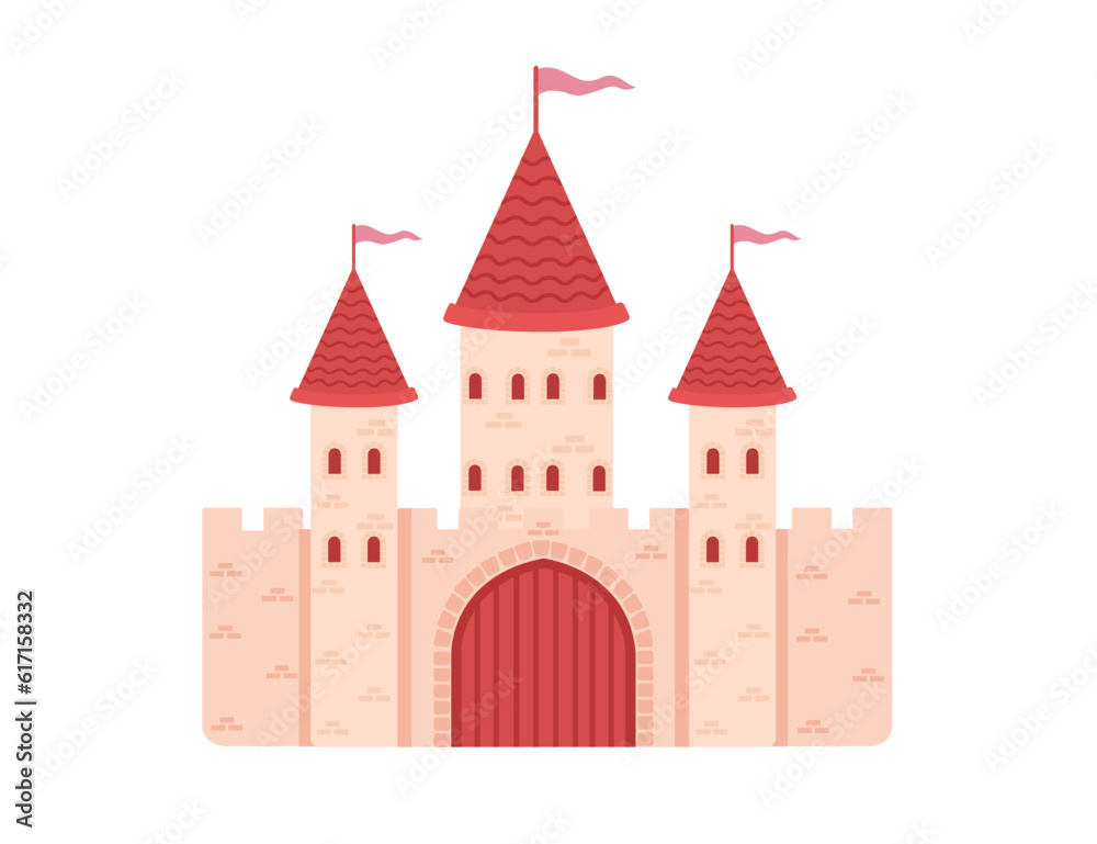 Fototapeta premium Fantasy medieval stone castle with towers gate and flags red color style vector illustration isolated on white background