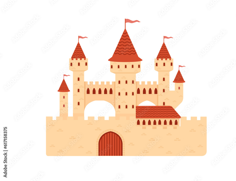 Fantasy medieval stone castle with towers gate and flags red color style vector illustration isolated on white background