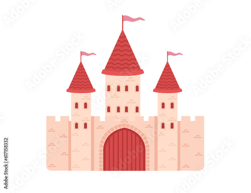 Fantasy medieval stone castle with towers gate and flags red color style vector illustration isolated on white background