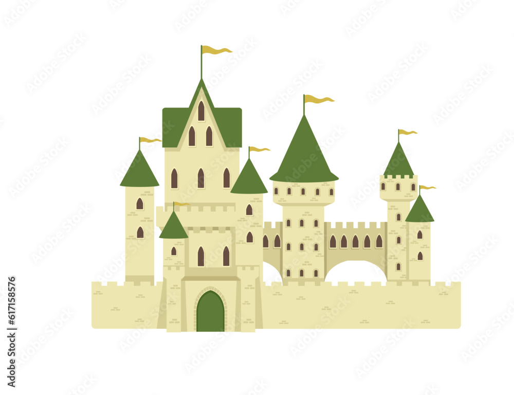 Fantasy medieval stone castle with towers gate and flags green color style vector illustration isolated on white background