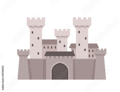 Fantasy medieval stone castle with towers and gates grey color style vector illustration isolated on white background