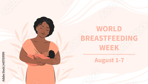 World Breastfeeding Week. Woman and baby. Banner about breastfeeding and motherhood. Vector illustration.