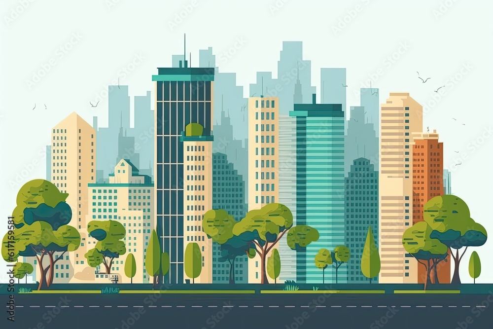 modern city skyline with lush green trees in the foreground. Generative AI