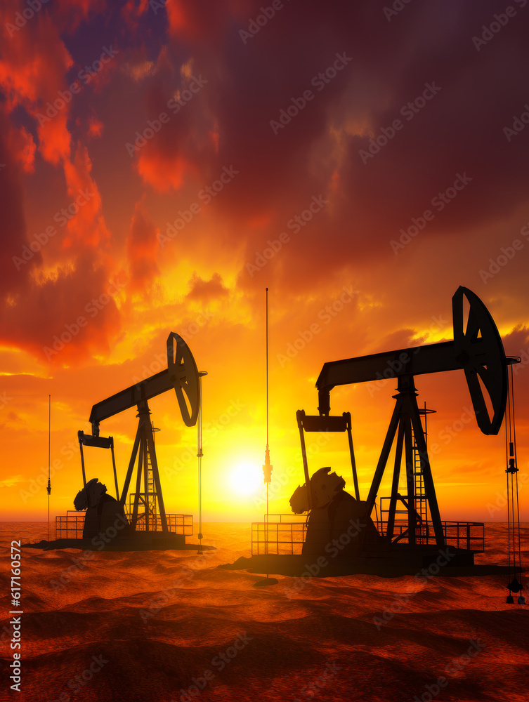 Silhouettes of two oil rigs working in the desert. Mining the petroleum. Beautiful sunset at backdrop. Generative AI. Silhouettes of two oil rigs working in the desert. Mining the petroleum. Beautiful sunset at backdrop. Generative AI.