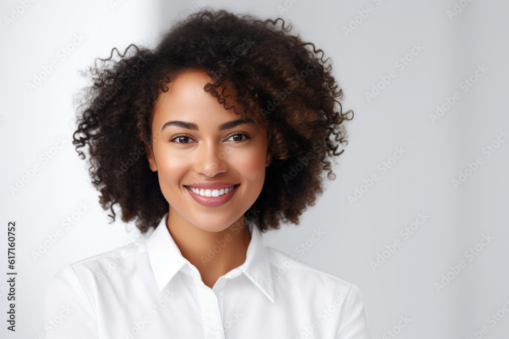 Beautiful person smiling in front of a white background ai generated Beautiful person smiling in front of a white background ai generated