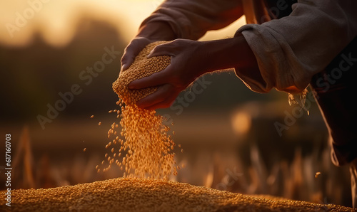 Print op canvas Hands of unrecognized farmer pouring picked crop of grain