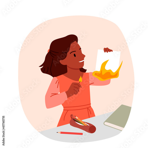 Girl playing with fire, danger of burns for child vector illustration. Cartoon baby kid with curiosity holding burning paper and hazard match to play, bad behavior and risk of burning for toddler