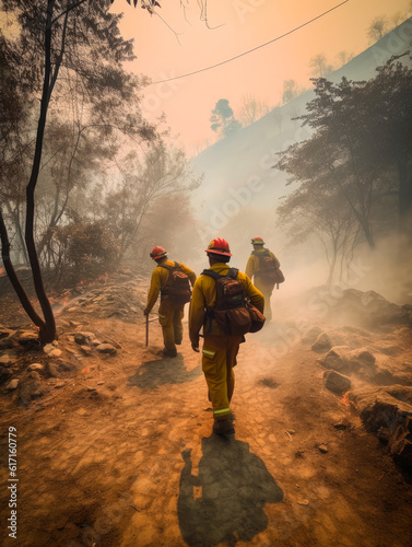Group of firefighters in yellow protective uniform walk by the dirt road in the woods. Professionals putting out the wildfire. Generative AI.