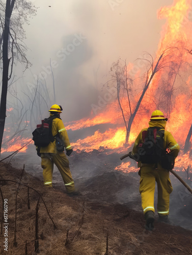Two firemen putting out the terrible fire in the woods. Firefighters saving nature from wildfire. Generative AI.
