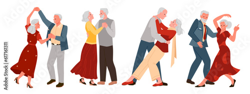 Slow and fun dance of senior couple set vector illustration. Cartoon isolated collection with pair of old man and woman dancing to music together, dance club or school for older romantic grandparents