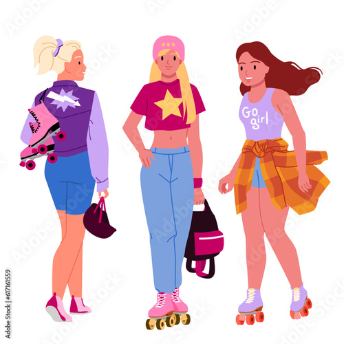 Girls in roller skates set vector illustration. Cartoon isolated sporty female characters wearing boots with wheels and helmet, young woman walking, carrying pair of shoes for skating in city park