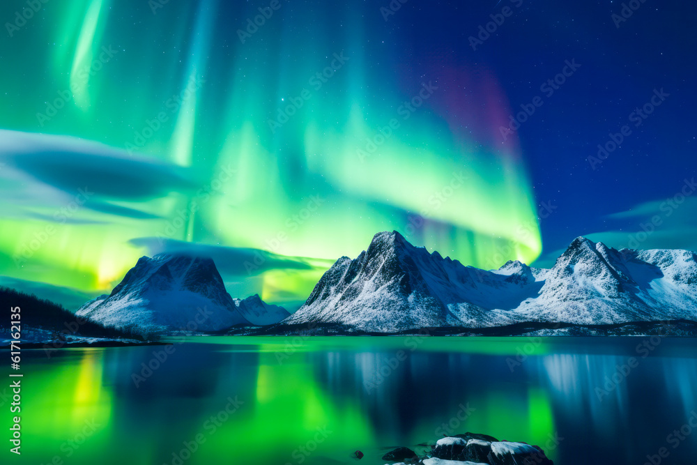 The high saturation of the Aurora borealis enhances the magic of the illuminated surroundings. Generative AI.