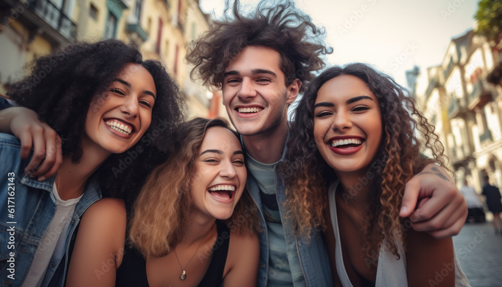 Fototapeta premium Happy friends outside in a city making a selfie