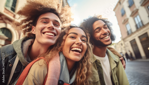 Happy friends outside in a city making a selfie