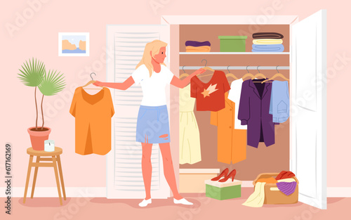 Girl keeping order in home closet vector illustration. Cartoon woman holding hanger with dress and shirt, standing near wardrobe to sort clothes, choose stylish outfit, find obsolete old apparel
