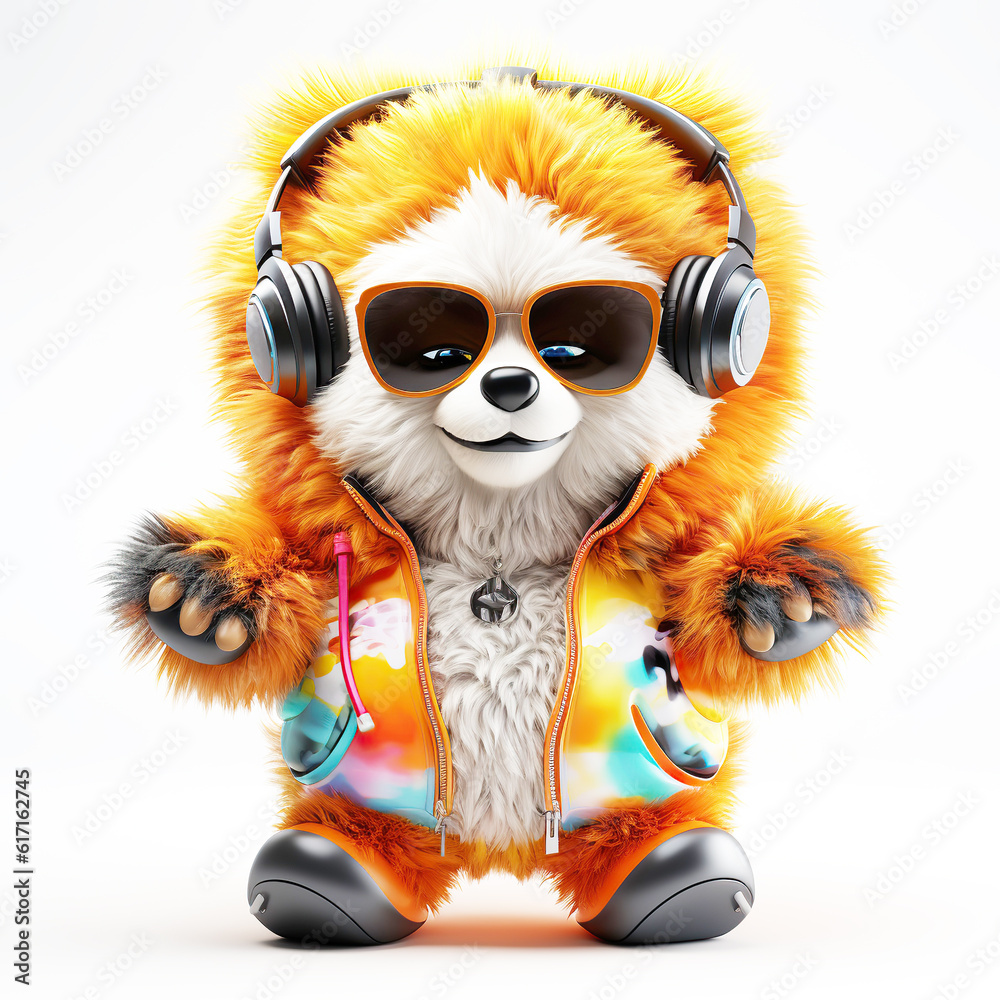 colorful cartoon character small panda wearing sunglasses and headphones
