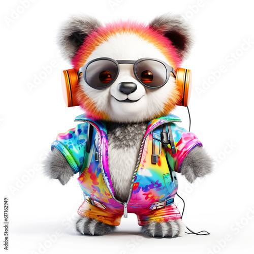 colorful cartoon character small panda wearing sunglasses and headphones