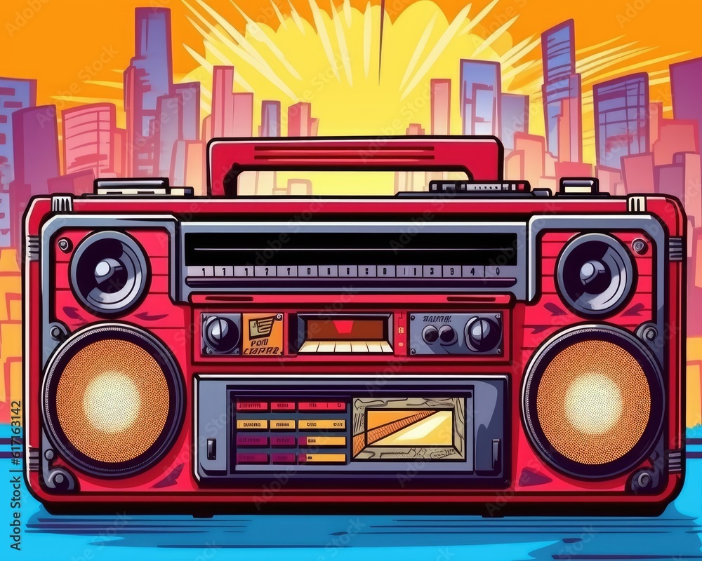 Fototapeta premium A graphic background features a boombox for an urban music party. (Illustration, Generative AI)