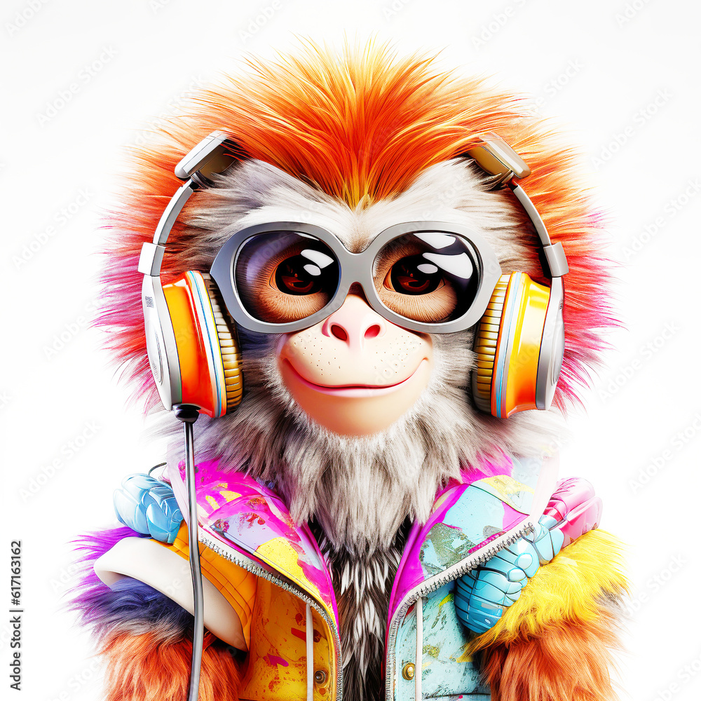 colorful cartoon character small Monkey wearing sunglasses and headphones
